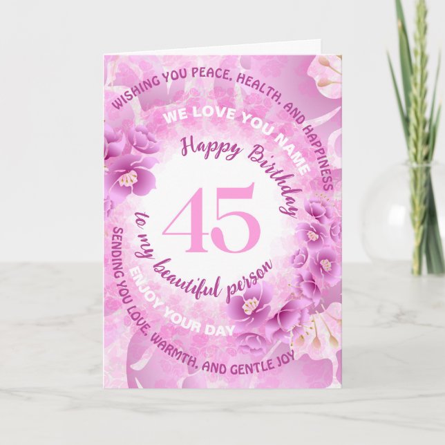 Carte 45 Fête d'anniversaire étape floral cerisier rose (Devant)