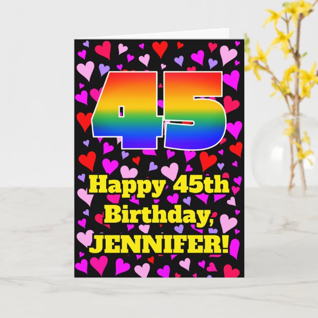 Carte 45e anniversaire : Amour Hearts Motif, Arc en ciel (Fleur jaune)