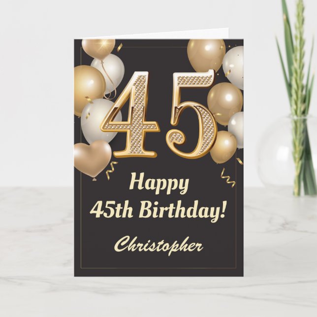 Carte 45e anniversaire Ballons Noir et Or Confetti (Devant)
