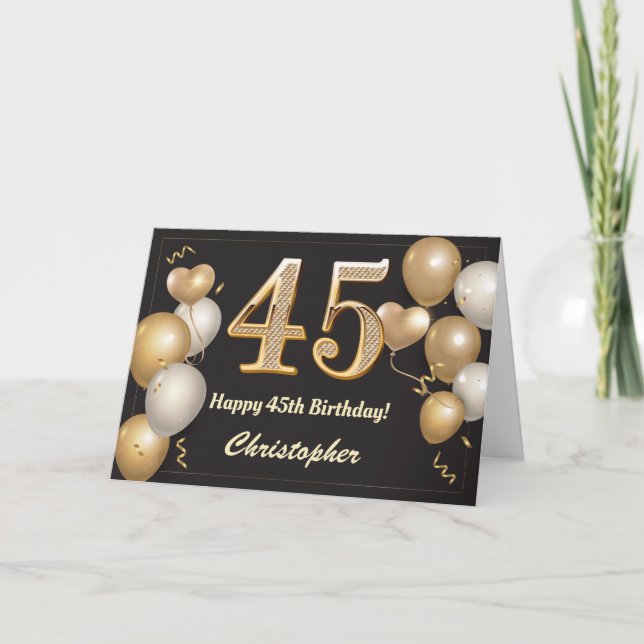 Carte 45e anniversaire Ballons noirs et or Anniversaire (Devant)