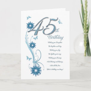 Carte 45e anniversaire en turquoise avec fleurs et papil