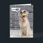 Carte 45e anniversaire Funny Golden Retriever Card<br><div class="desc">Un récupérateur d'or portant un drôle de masque de moustache sur un mur en brique grise et le parquet avec bulle vocale pour 45ème anniversaire. Peut être changé pour n'importe quel âge d'anniversaire. Le texte est modifiable.</div>