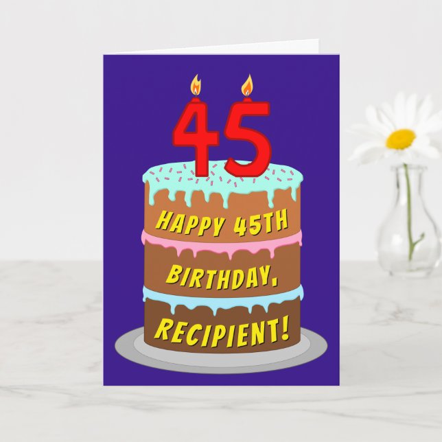 Carte 45e anniversaire : Gâteau et bougies amusants + No (Petite plante)