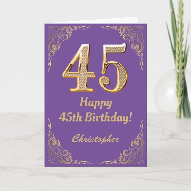 Carte 45e anniversaire Parties scintillant violet et or  (Devant)