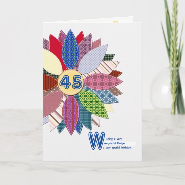 Carte 45e anniversaire pour la mère, fleur cousue (Devant)