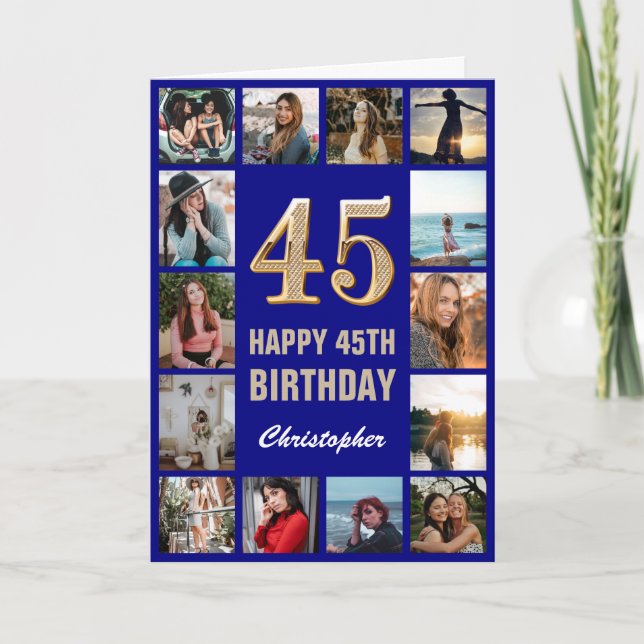 Carte 45e Joyeux Anniversaire Marine Bleu & Gold Photo C (Devant)