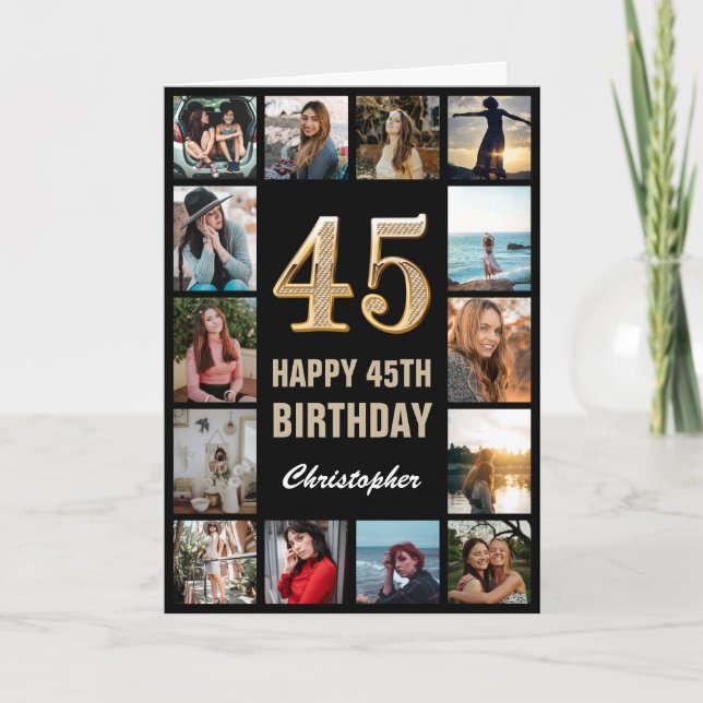 Carte 45e Joyeux anniversaire noir et or Collage photo (Devant)