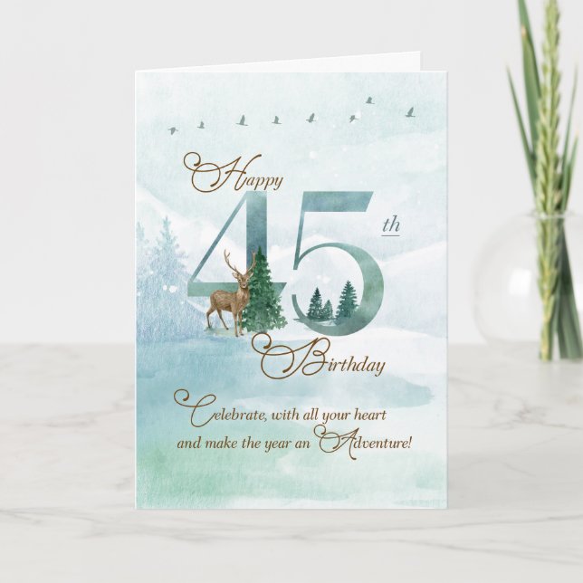 Carte 45th Birthday Evergreen Pines and Deer Nature (Devant)
