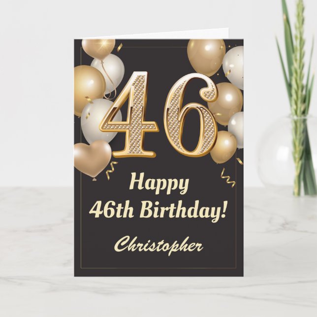 Carte 46e anniversaire Ballons Noir et Or Confetti (Devant)