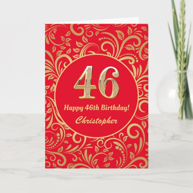 Carte 46e anniversaire Motif Floral rouge et or (Devant)