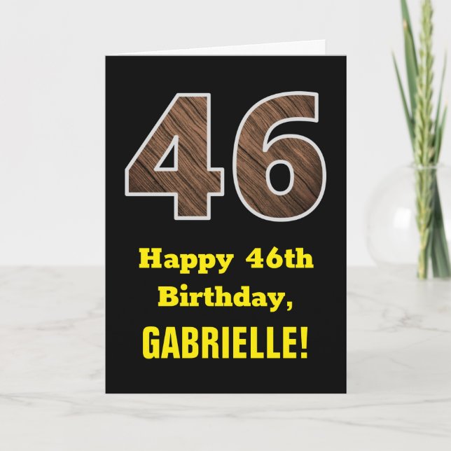 Carte 46e anniversaire : Nom, Motif Faux Wood Grain "46" (Devant)