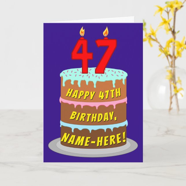 Carte 47e anniversaire : Gâteau et bougies amusants + No (Fleur jaune)