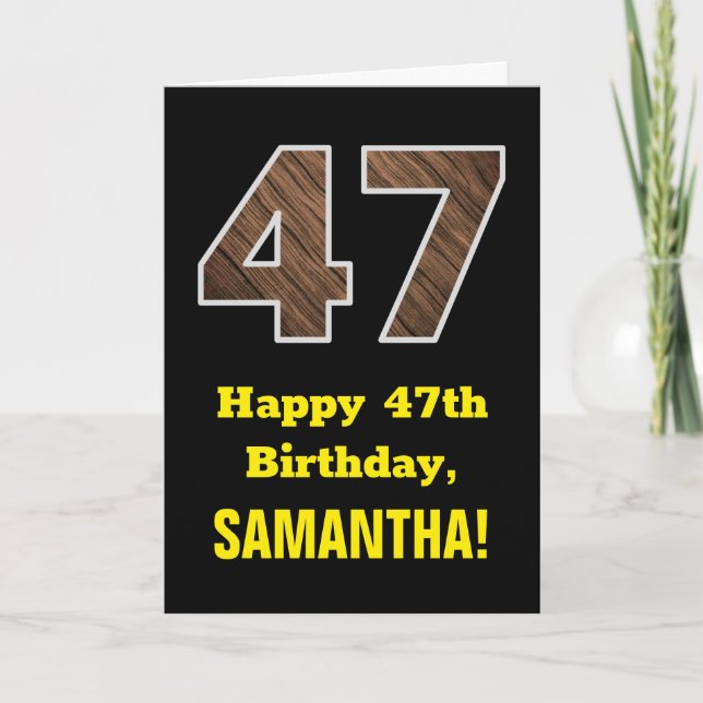 Carte 47e anniversaire : Nom, Motif Faux Wood Grain "47" (Devant)