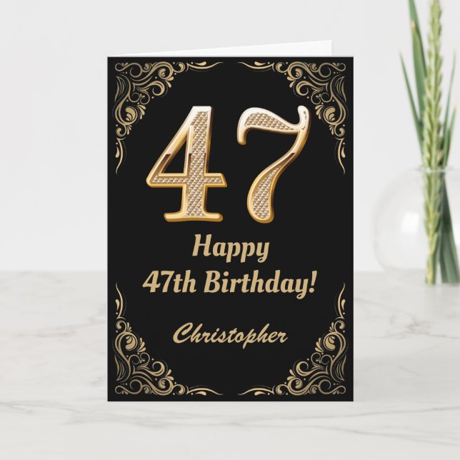 Carte 47e Anniversaire Parties scintillant noir et or (Devant)