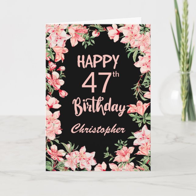 Carte 47e anniversaire Peach rose aquarelle Floral Noir (Devant)