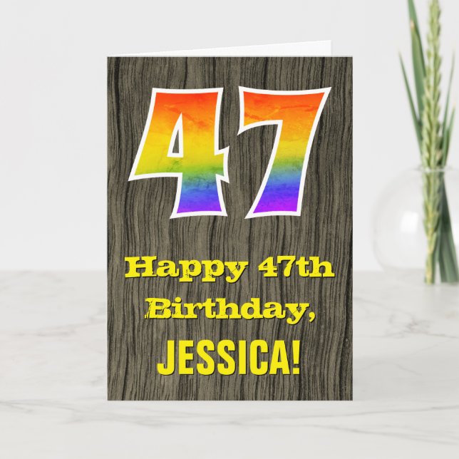 Carte 47e anniversaire : Rustic Faux Wood Look, Arc-en-c (Devant)