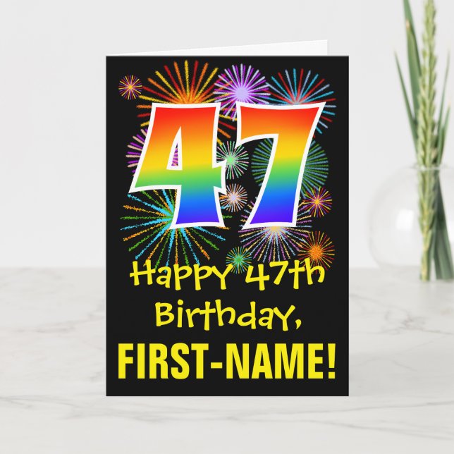 Carte 47th Birthday: Fun Fireworks Pattern + Rainbow 47 (Devant)