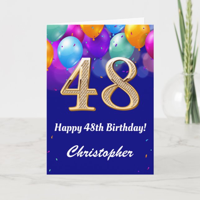 Carte 48e anniversaire Ballons bleu et or couleur marine (Devant)