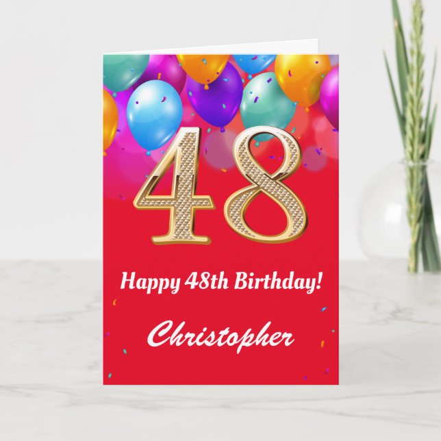 Carte 48e anniversaire Ballons rouges et dorés (Devant)