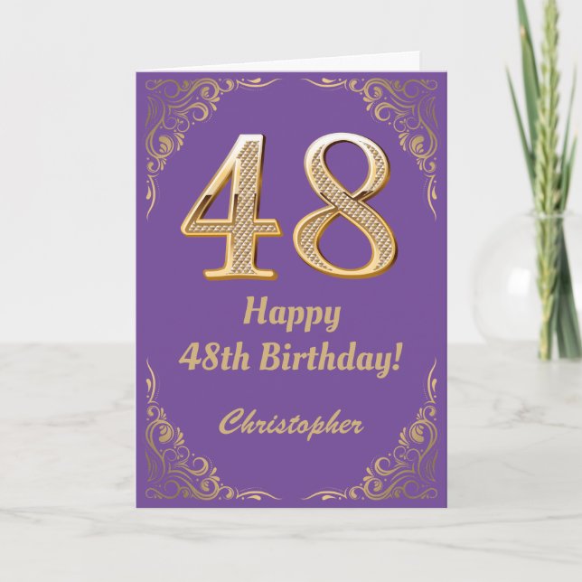 Carte 48e anniversaire Parties scintillant violet et or (Devant)