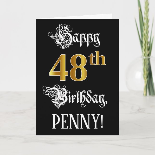 Carte 48e anniversaire — Script fantaisie; look or Faux; (Devant)
