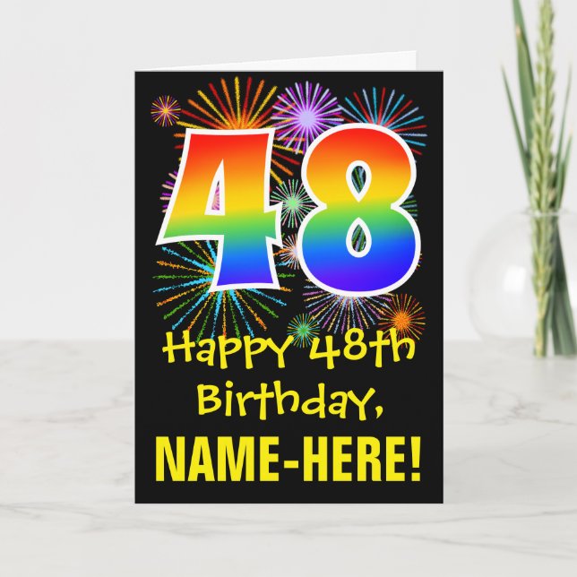 Carte 48ème anniversaire : Fun Fireworks Motif + Rainbow (Devant)