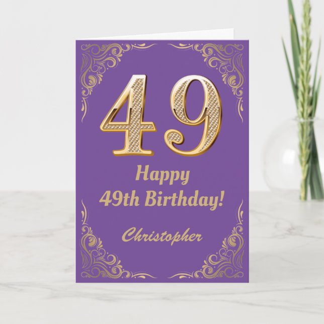 Carte 49e anniversaire Parties scintillant violet et or  (Devant)