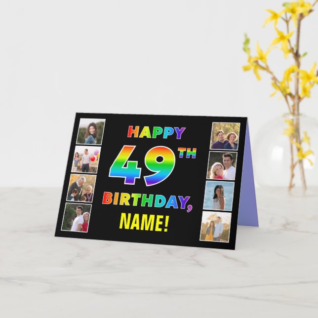 Carte 49e anniversaire : Rainbow Text, Custom Photos & N (Fleur jaune)