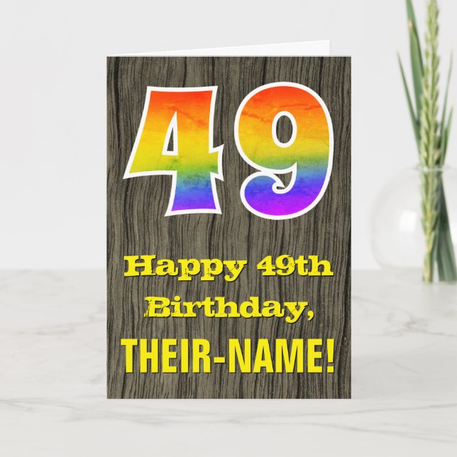 Carte 49e anniversaire : Rustic Faux Wood Look, Arc-en-c (Devant)