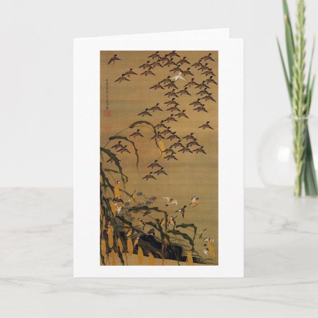 Carte 4. 秋塘群雀図, troupeau de 若冲 des moineaux, Jakuchū (Devant)