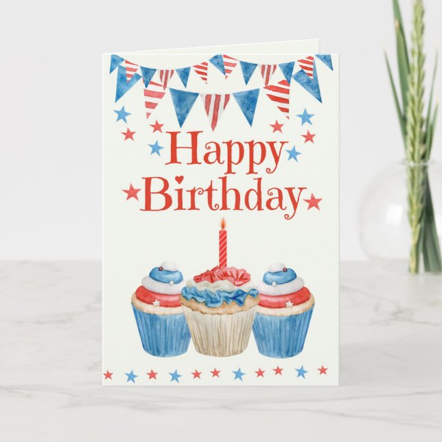Carte 4 juillet Anniversaire Rouge Blanc Bleu Cupcake (Devant)