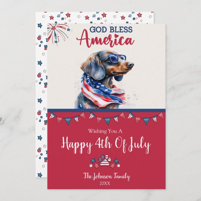 Carte 4 juillet Chien-Dachshund Patriotique (Devant / Derrière)