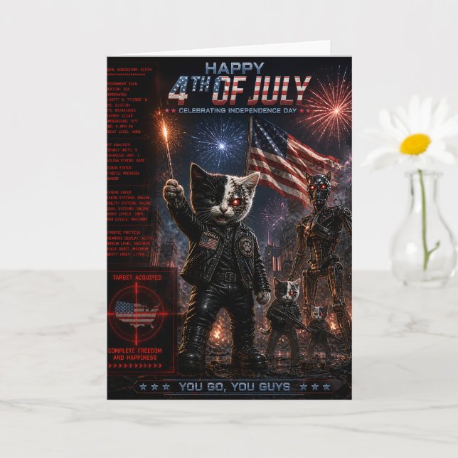 Carte 4 juillet/Fête de l'Indépendance/chat cyborg (Petite plante)