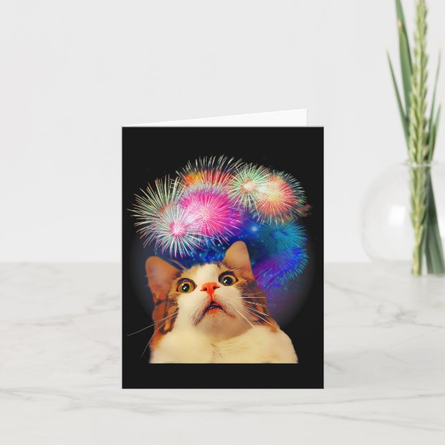 Carte 4 juillet Feu d'artifice captivé Chat (Devant)