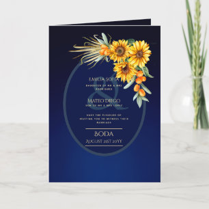 Carte 4 pg d'invitations de BODA espagnol, Blue Sunflowe