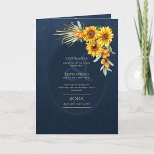 Carte 4 pg d'invitations de BODA espagnol, Blue Sunflowe
