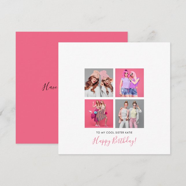 Carte 4 photo collage Joyeux anniversaire Soeur Nom rose (Devant / Derrière)