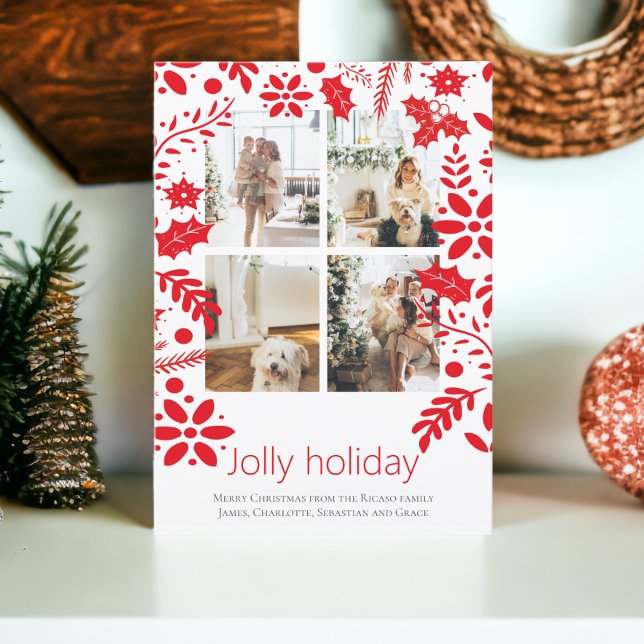 Carte 4 Photo Jolly Holiday Fleur nordique Noël (4 Photo Jolly Holiday Nordic Flower Christmas Card featuring holly. From Ricaso. Add your own photos)