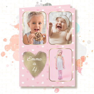 Carte 4e anniversaire 3 Collage de photos Cœurs roses or