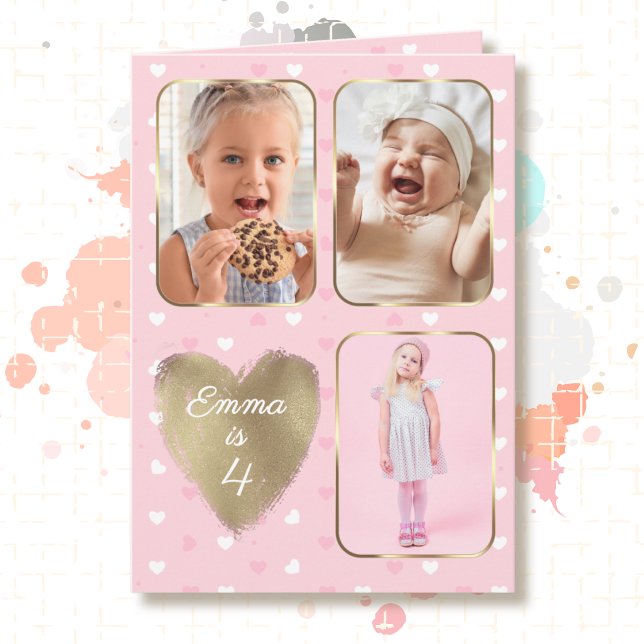 Carte 4e anniversaire 3 Collage de photos Cœurs roses or (Créateur téléchargé)