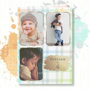 Carte 4e anniversaire 3 photos carreau aquarelle pour ga