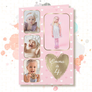 Carte 4e anniversaire 4 photos en collage cœurs rose or