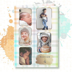 Carte 4e anniversaire 5 photos carreaux aquarelle modern