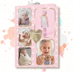 Carte 4e Anniversaire 5 Photos Collage Cœurs Or Rose