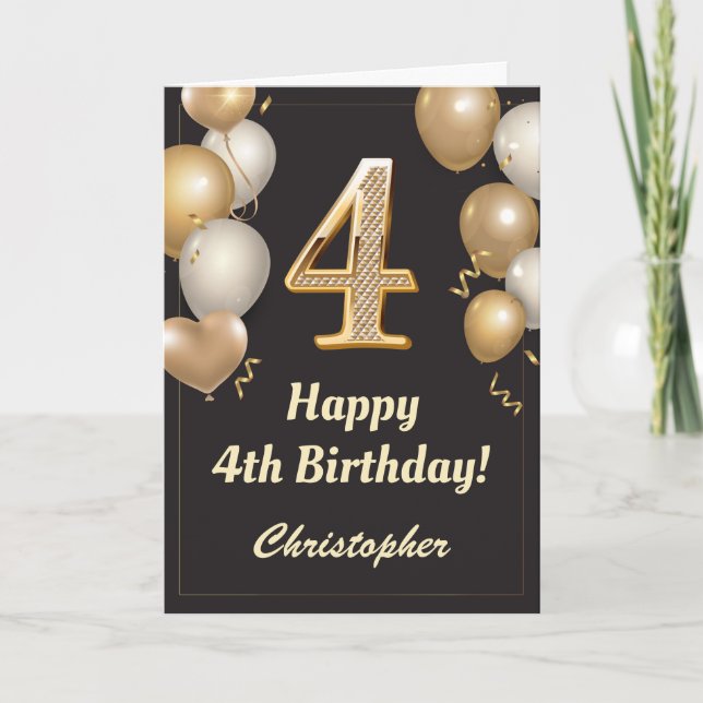 Carte 4e anniversaire Ballons Noir et Or Confetti (Devant)