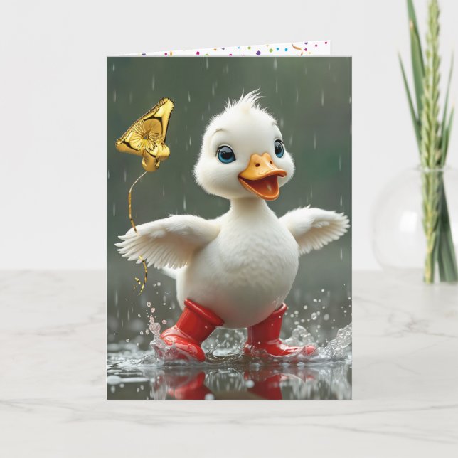 Carte 4e anniversaire Canard blanc dans une flaque de pl (Devant)