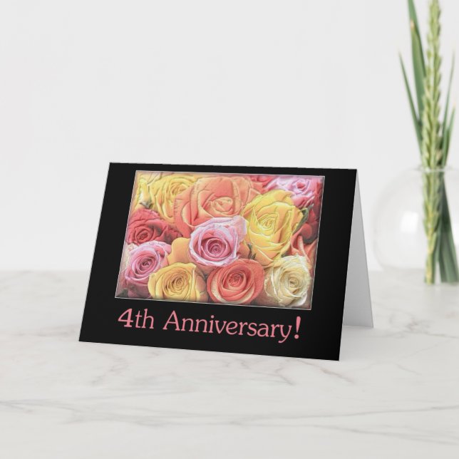 Carte 4e anniversaire du Mariage bouquet de rose mixte (Devant)