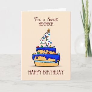 Carte 4e anniversaire d'un voisin, 4 sur un gâteau bleu
