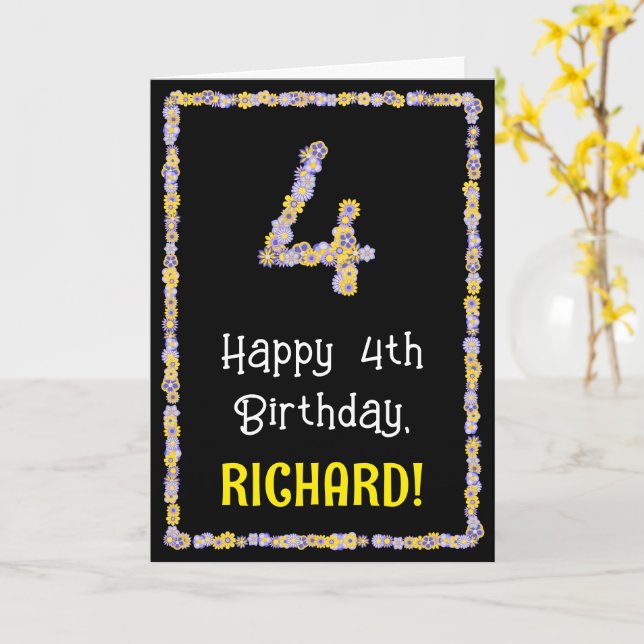 Carte 4e anniversaire : Floral Flowers Numéro, Nom perso (Fleur jaune)