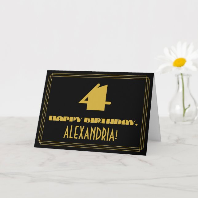 Carte 4e anniversaire : Nom + Art Déco Inspiré Look "4" (Petite plante)